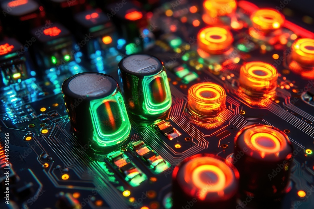 Aufkleber close-up of illuminated circuit board components, showcasing vibrant green and orange leds.