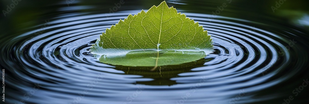 Poster single green leaf floats on calm water, creating concentric ripples.