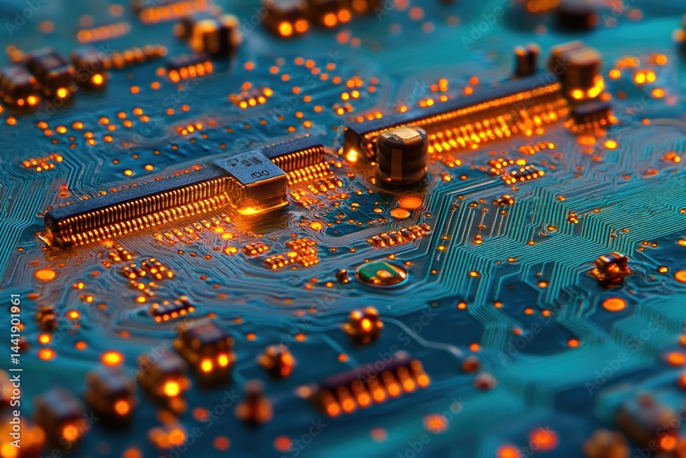 Poster Close-up of illuminated circuit board showcasing intricate electronic components and pathways.