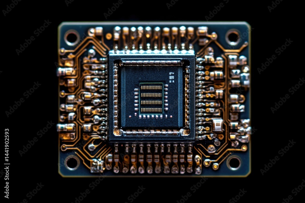 Poster Close-up of a sophisticated image sensor chip on a circuit board, showcasing intricate electronic components.