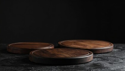 Obraz premium Three Dark Brown Wooden Round Serving Platters on Black Tabletop Perfect for Food Presentation