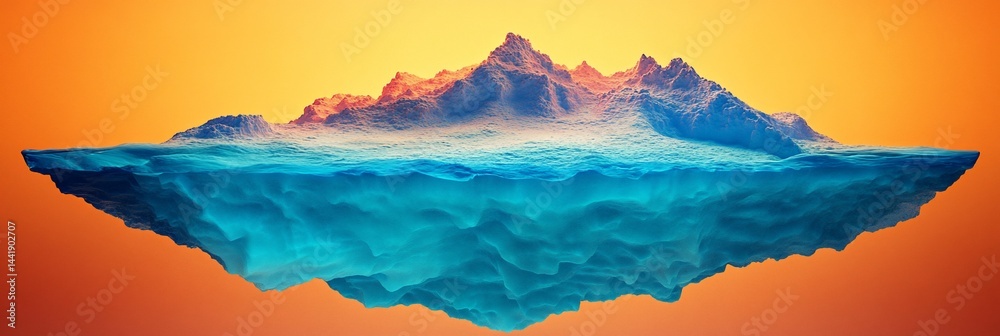 Poster surreal floating island with vibrant mountain range and underwater depths against an orange backdrop