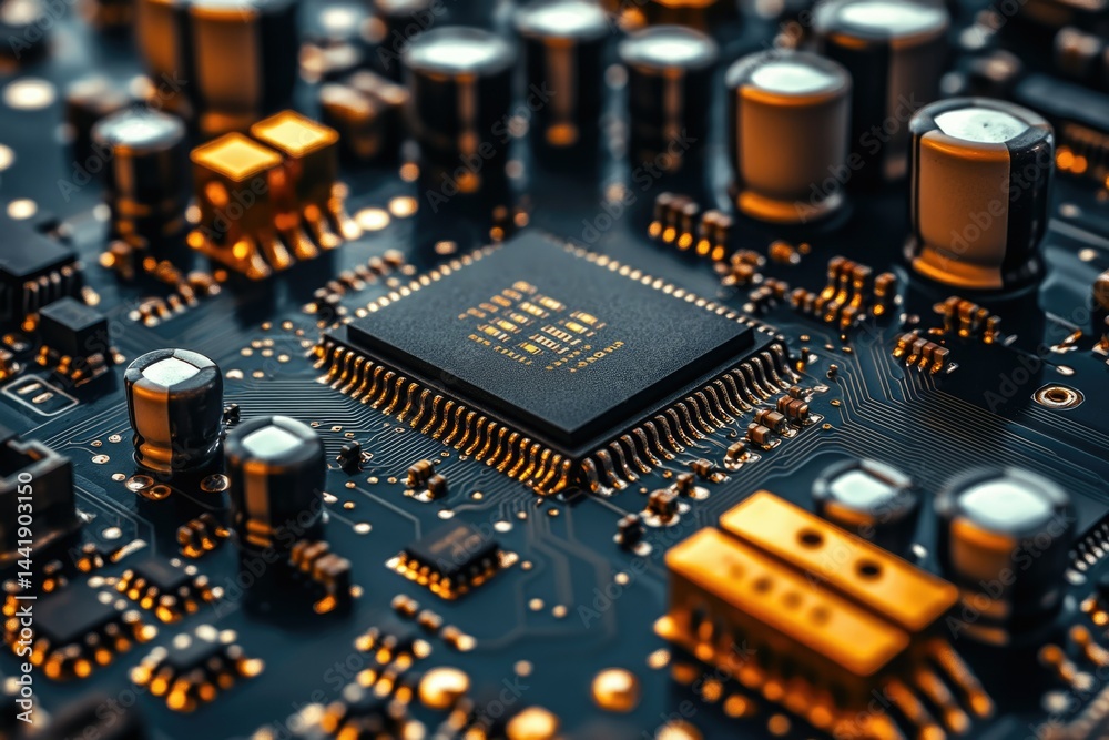 Poster Close-up of a circuit board showcasing intricate electronic components and a central processor.