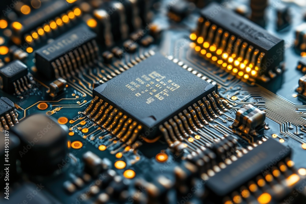 Poster Close-up of a circuit board showcasing intricate microchips and electronic components.