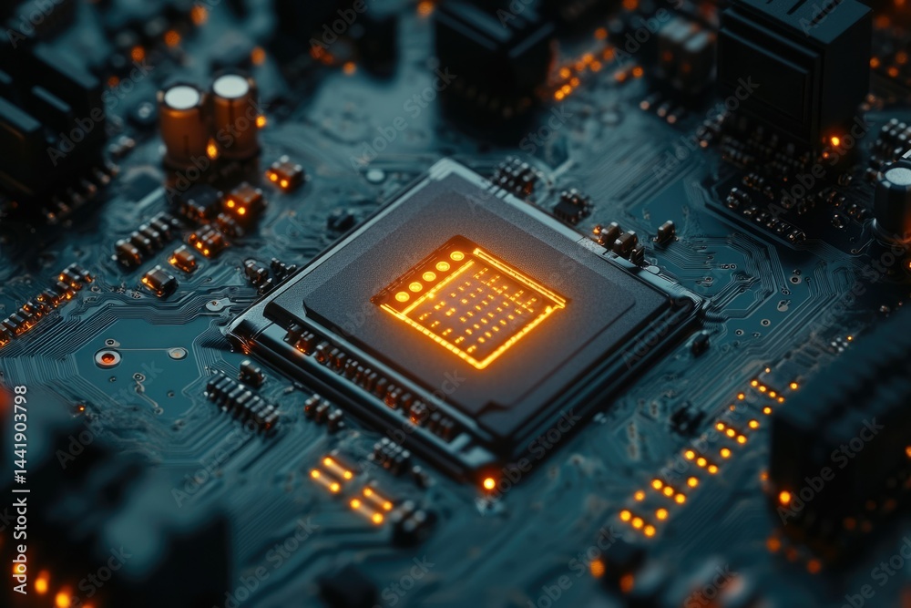 Leinwandbilder Close-up view of a CPU illuminated on a circuit board, showcasing intricate technological details.