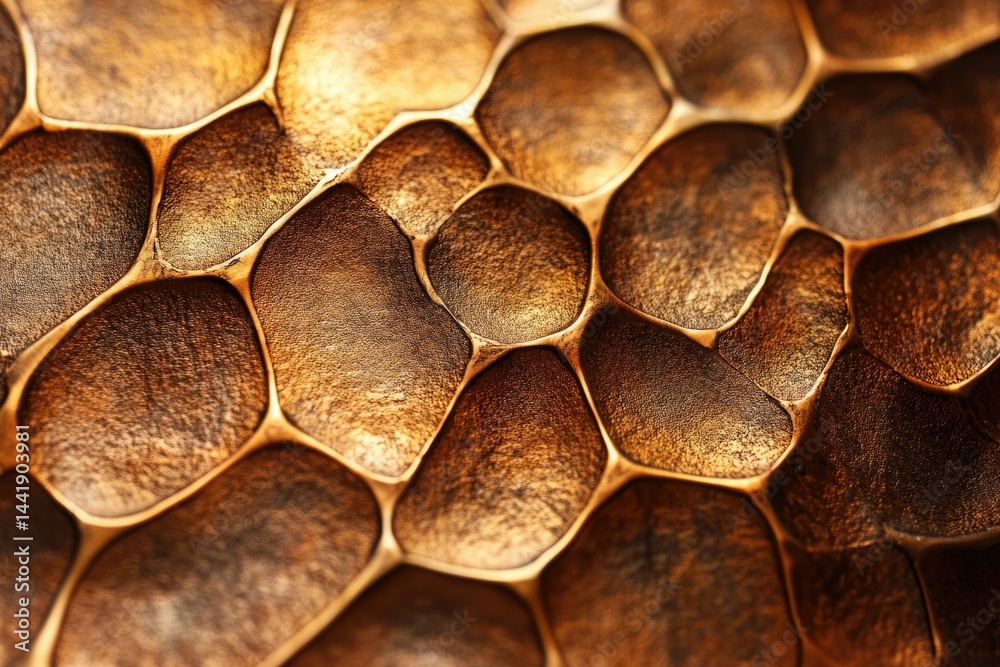 Poster Close-up of a textured metallic surface with a honeycomb-like pattern in shades of bronze and gold.