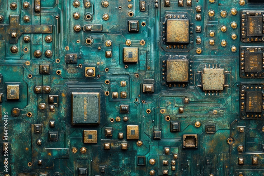 Poster close-up of a teal-colored circuit board with gold components, showcasing intricate technological de