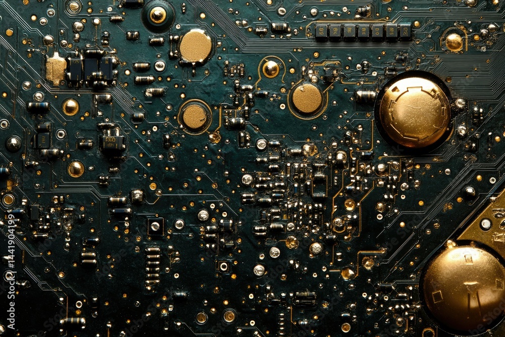 Poster Close-up of a circuit board showcasing intricate electronic components and pathways.
