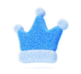 3d blue fur fluffy crown ui icon. Medieval royal headdress for king, queen, prince or princess. Monarchy symbol for game or web design. Cute soft plush corona badge with hairy texture. 3D illustration