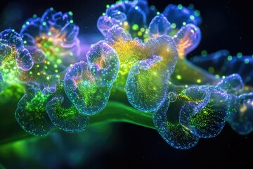 Vibrant, bioluminescent underwater organism with intricate, glowing structures.