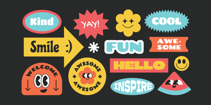 Trendy and groovy stickers, patch, badges with good tones vibes words. Collection of colorful funny shape character.