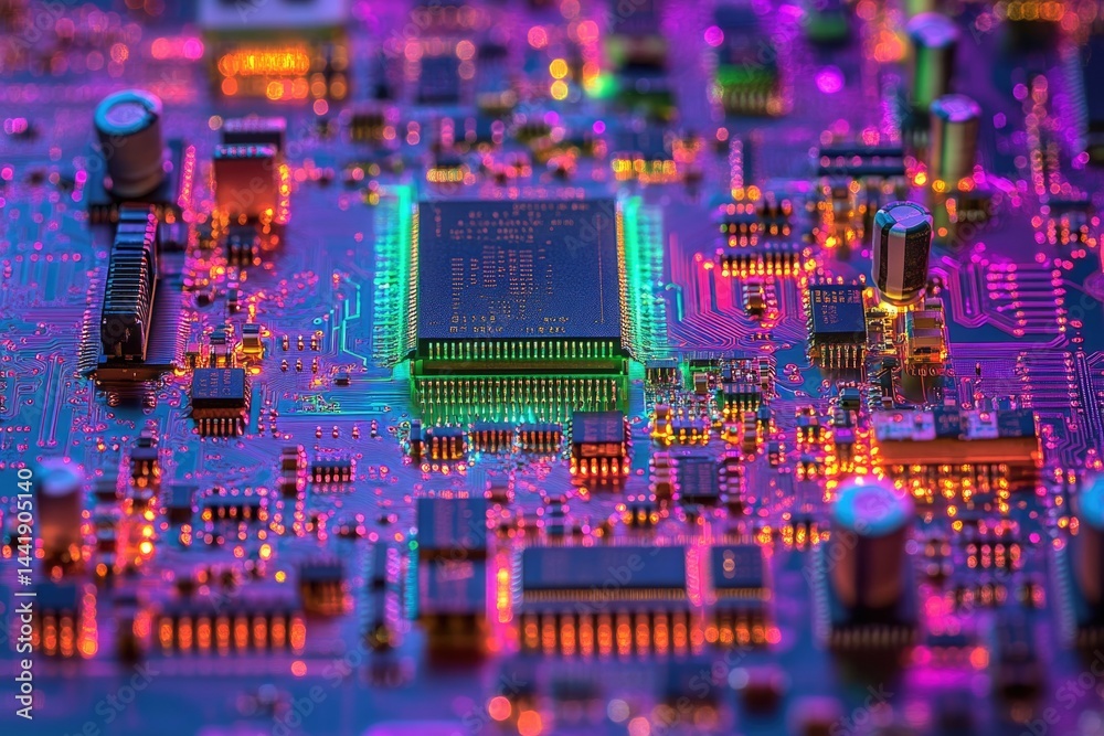 Poster close-up view of a vibrant circuit board, showcasing intricate electronic components and glowing pat