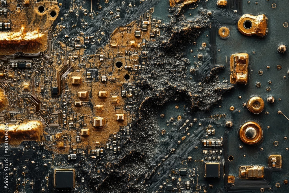 Poster close-up of a damaged circuit board, showing gold components and dark, burnt residue. a technologica