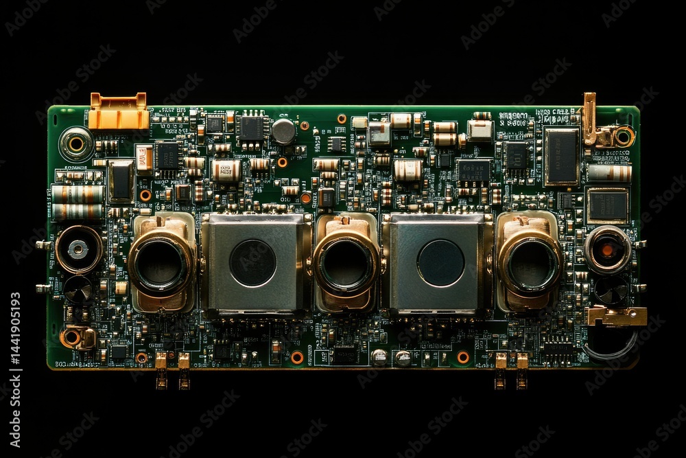 Poster Close-up of a circuit board with four integrated processors and multiple components.