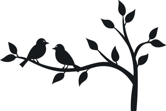 Silhouetted Birds on Branches &ndash; Minimalist Black and White Nature Illustration in Vector Style
