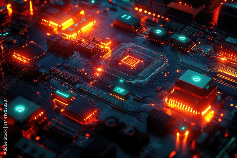 Poster Close-up view of a circuit board with glowing components, showcasing intricate technological details.