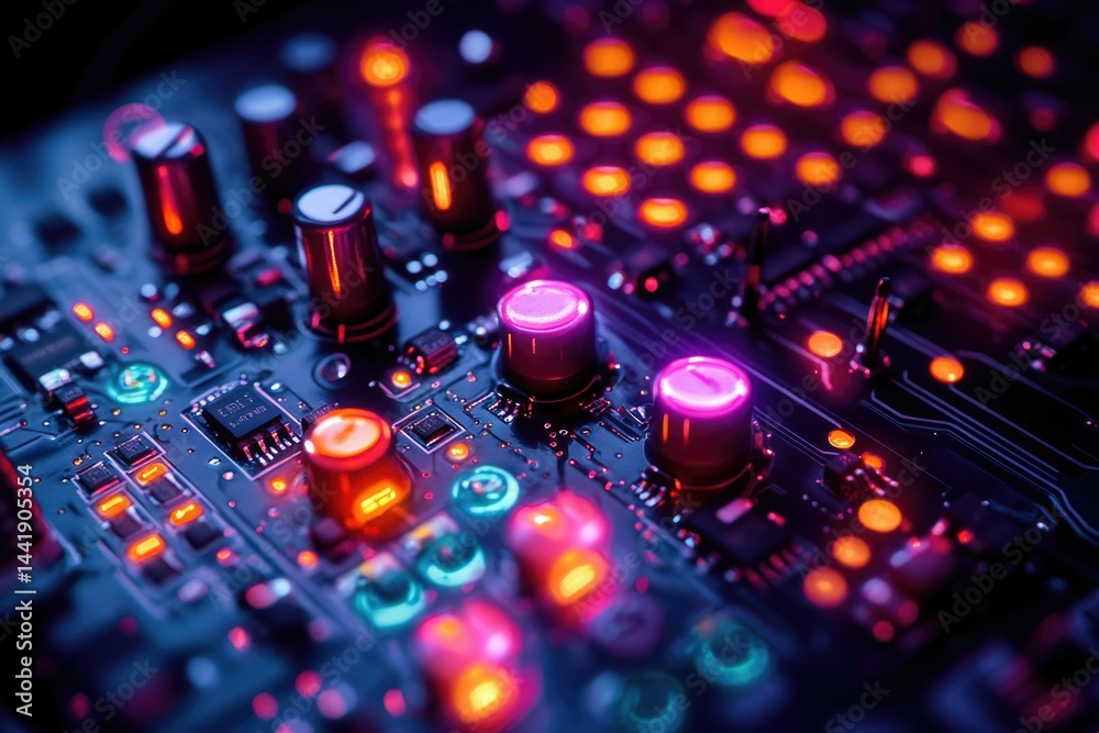 Fototapete Close-up of a vibrant circuit board with glowing buttons and components, showcasing intricate electronic design.