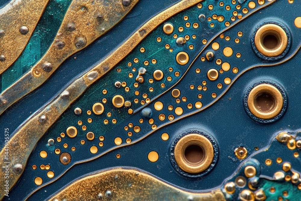 Poster Close-up of a circuit board showcasing intricate gold and teal patterns, highlighting technological artistry.