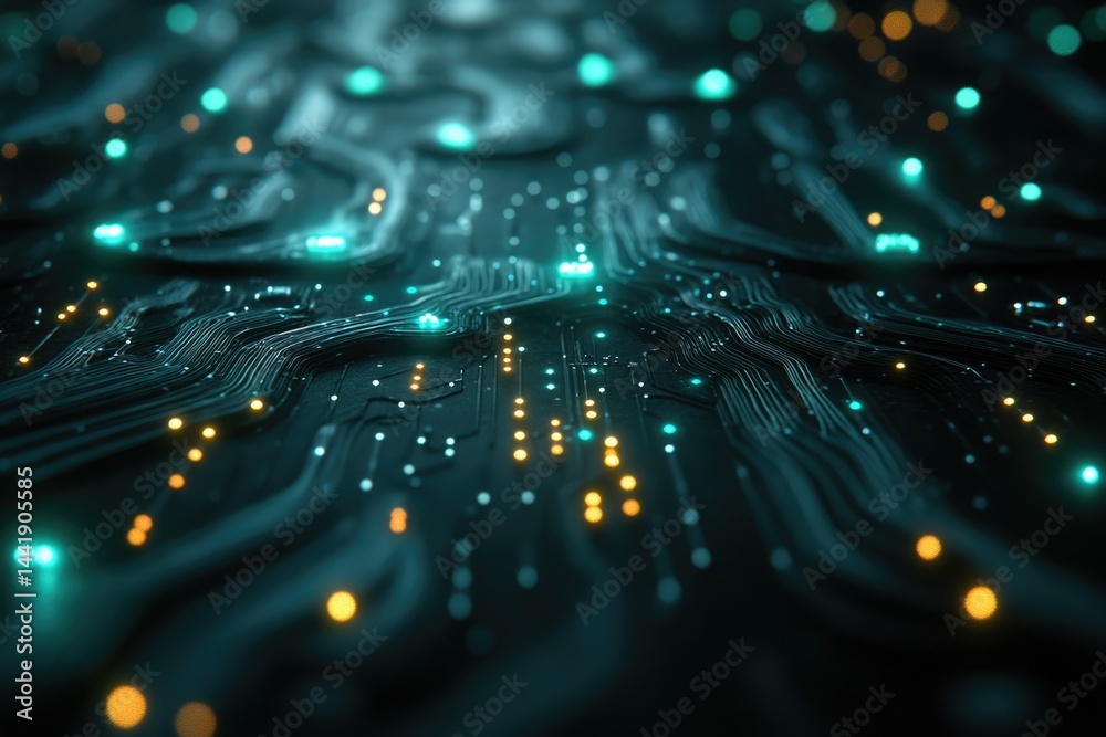 Poster Abstract representation of a complex network, glowing circuit board with teal and orange lights, depicting data flow and connectivity.