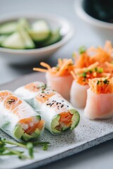 Soft, Delicate Post-Processing of Mini Rolls: Rice Paper with Tofu and Vegetables, Avocado Paste with Salmon, and Kimchi with Shredded Carrots