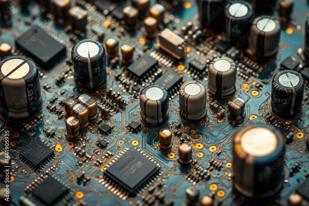 Fototapete Close-up view of a complex circuit board, showcasing various electronic components and intricate circuitry.