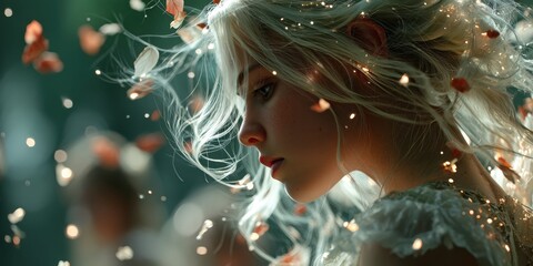 Girl with flowing hair surrounded by falling petals in a dreamy forest at sunset