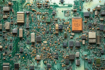Complex circuitry of a printed circuit board, showcasing integrated circuits, resistors, and capacitors.