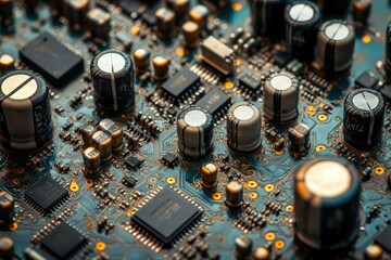 Close-up view of a complex circuit board, showcasing various electronic components and intricate circuitry.