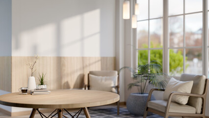 The set of round wooden table with armchairs in the middle of a lounge or restaurant.