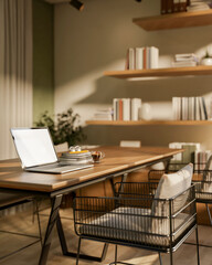 A laptop on wooden square table with decors and armchairs next to a bookshelf with bright sunlight.