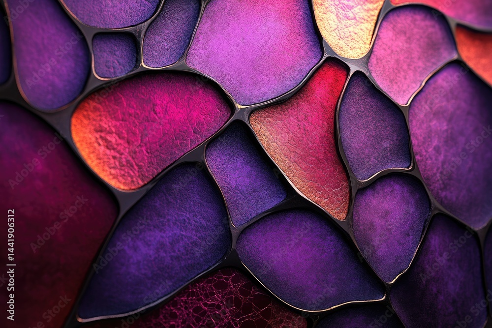 Poster abstract art featuring a mosaic of purple and red hues, separated by dark grout lines, creating a te
