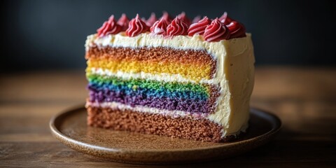 Colorful rainbow cake slice served on a wooden plate with decorative frosting