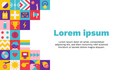 Vector flat horizontal poster with square abstract icons which are symbols of world basketball championship or cup. Minimalistic template with copy space, geometrical clipart for sport collection