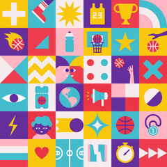Vector seamless pattern with square abstract compositions with geometrical icons which are symbols of world basketball championship or cup. Minimalistic concept, clipart sport collection