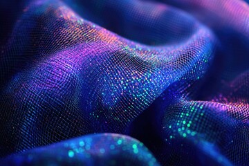 Close-up of iridescent fabric with a textured, glittering surface showing vibrant blue, purple, and pink hues.