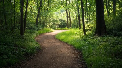 Naklejka premium Serene winding path through lush green summer forest trees day way walk park road calm view woods