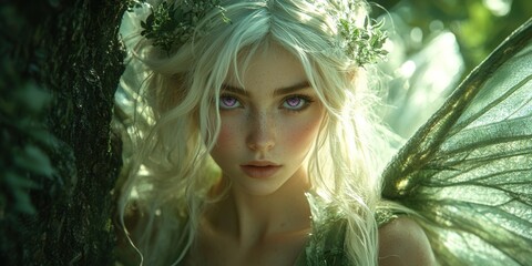 Enchanting fairy portrait in a mystical forest during early evening light