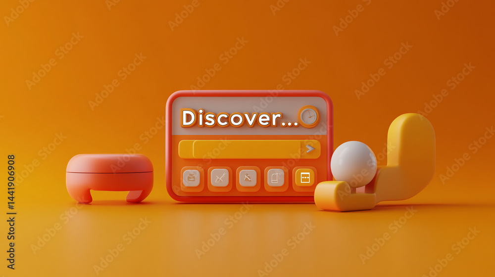 Poster 3D render of orange search bar with icons and abstract shapes on orange background.