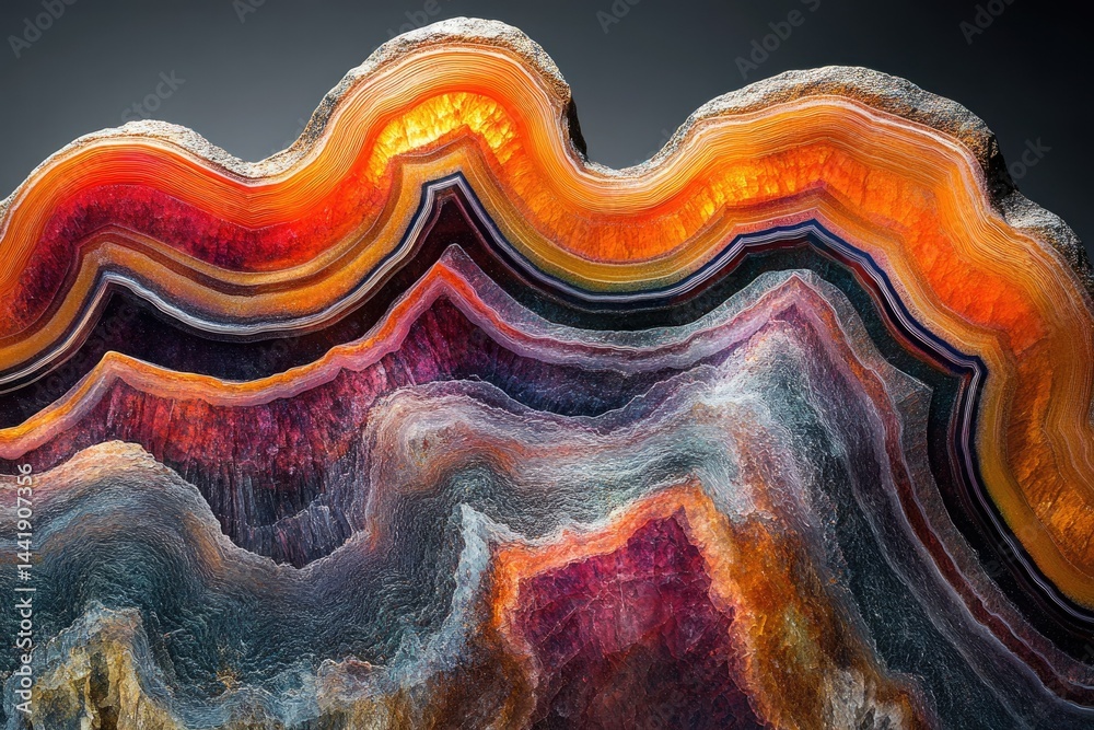 Aufkleber a mesmerizing close-up of a vibrant agate geode, showcasing its intricate layers and rich colors.
