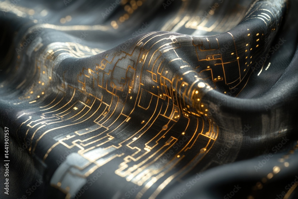 Poster dark fabric with golden circuit pattern, elegantly draped, showcasing technological textile design.