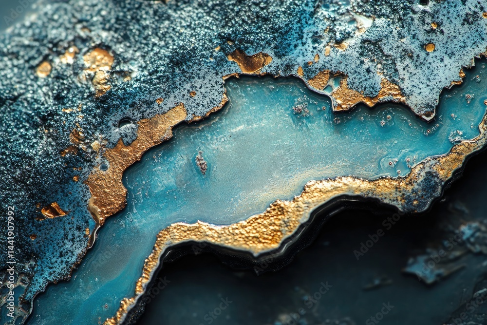 Poster abstract art featuring a mesmerizing blend of teal and gold, resembling a unique geological formatio