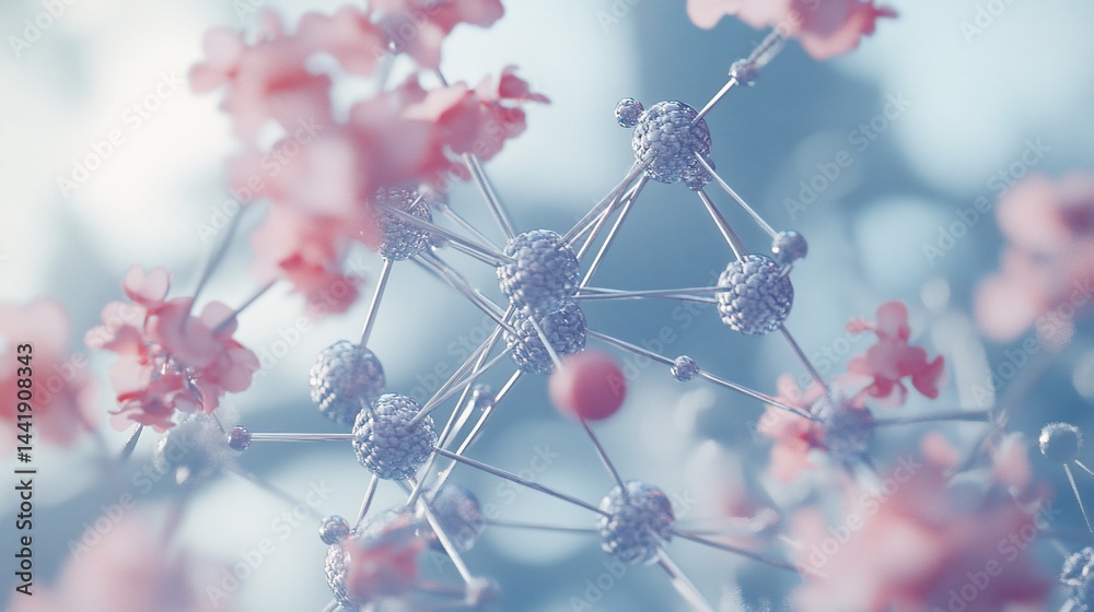 Leinwandbilder abstract 3d render of delicate silver geometric structure with soft pink flowers, bokeh background.