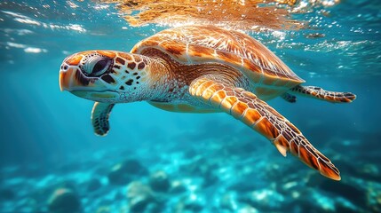Obraz premium Graceful sea turtle swimming in crystal clear ocean waters, showcasing vibrant colors and serene underwater scenery.