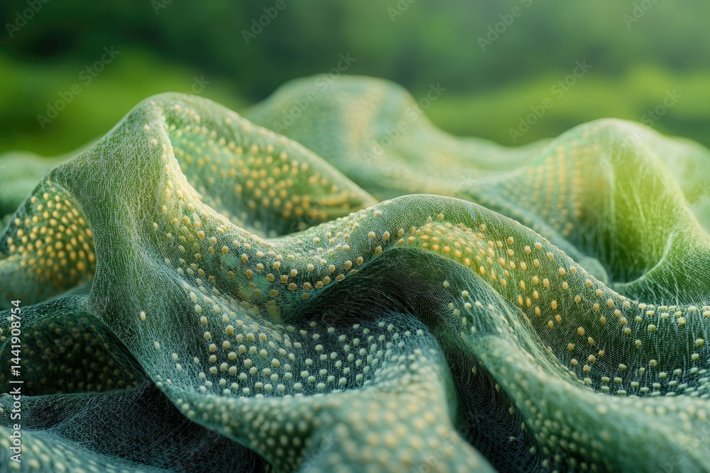 Poster soft, green fabric with a textured, dotted pattern drapes elegantly, creating a flowing, natural-loo