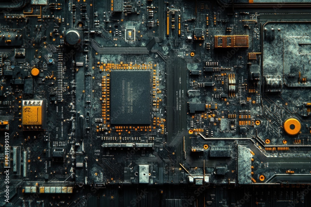 Poster Close-up of a dark, dusty, and intricate computer circuit board, showcasing its complex components.