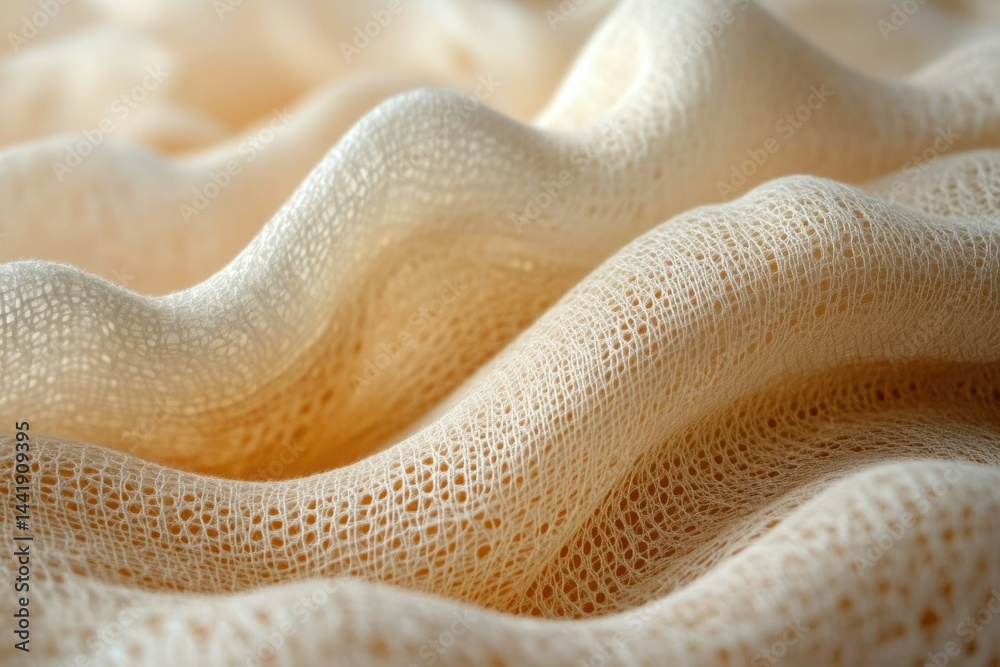 Poster close-up of soft, textured, beige fabric with a wavy pattern.
