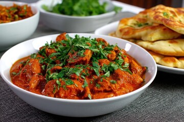 Fototapeta premium Delicious Chicken Curry with Fresh Herbs and Naan Bread