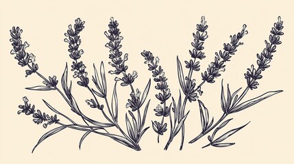 Elegant line drawing of a lavender branch botanical drawn in black ink style on ivory paper with a vintage etching effect in scalable vector format for your design projects.