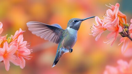 Naklejka premium A beautiful hummingbird hovering near pink blossoms in a soft, colorful garden setting with a dreamy, blurred backdrop