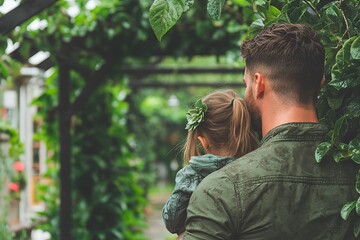 Father and daughter in a lush garden setting